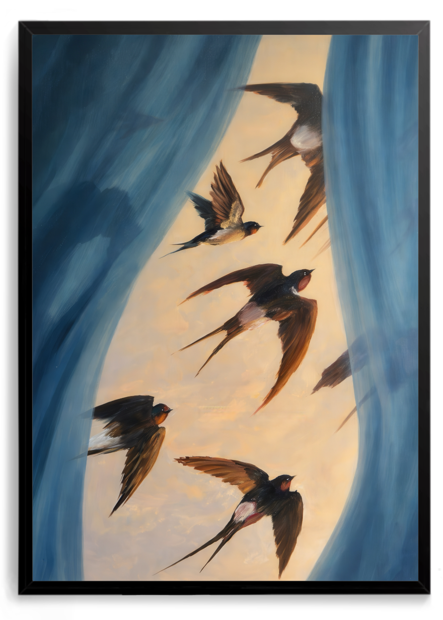 Andorinhas voando entre cortinas azuis, céu dourado ao fundo – quadro decorativo Encontro com a Busca, inspirado na música Aliança de Tribalistas
