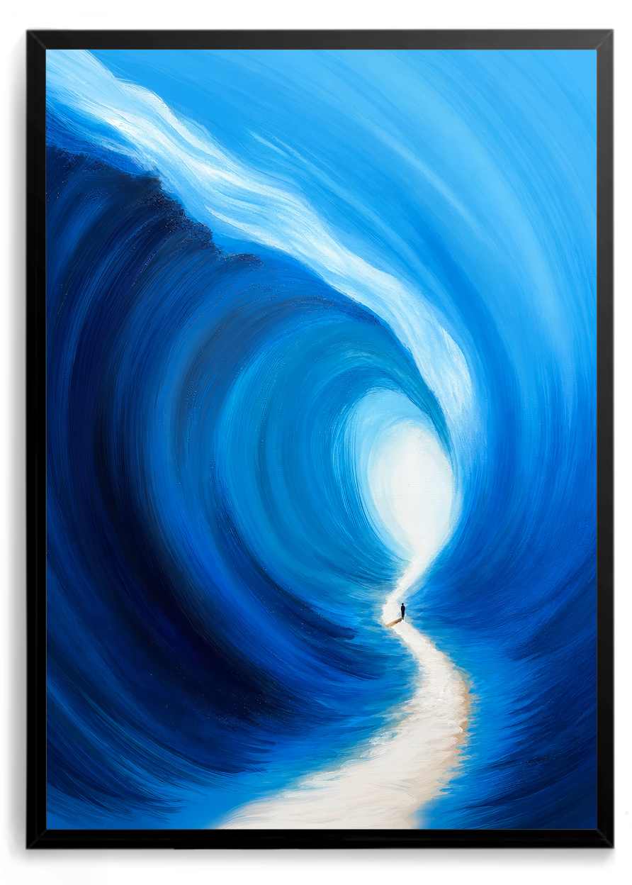 Onda azul gigante formando um túnel, pessoa pequena caminhando por um trilho de areia – quadro decorativo Fé e Vantagem, inspirado na música Anjos de O Rappa