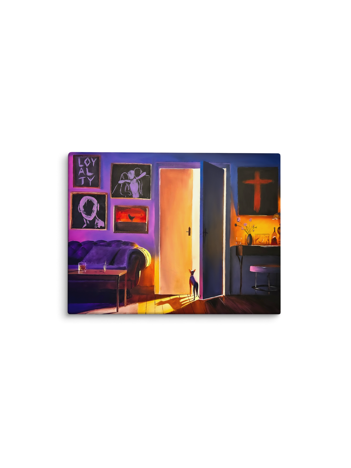 Sala roxa com porta aberta iluminada e um cachorro na entrada – pintura original A Paz Que Procurei, inspirada na música A Morte do Autotune de Matuê