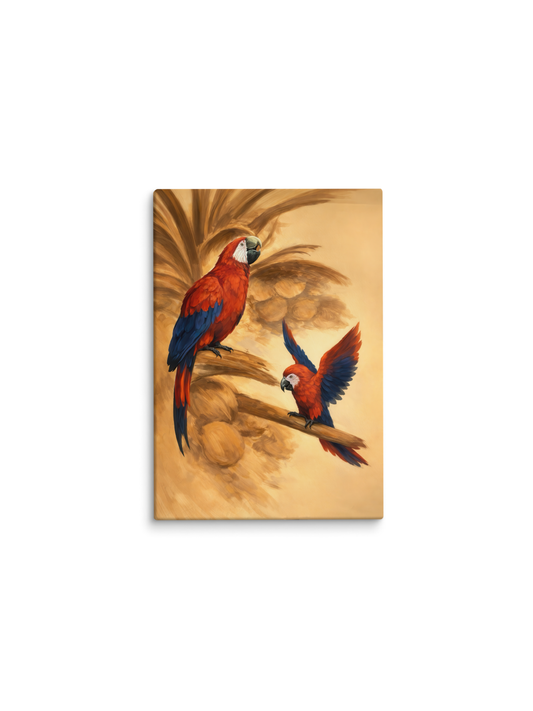 Duas araras vermelhas em galhos, fundo bege-dourado – pintura original Amor de Mãe, inspirada na música Todo Homem de Zeca Veloso