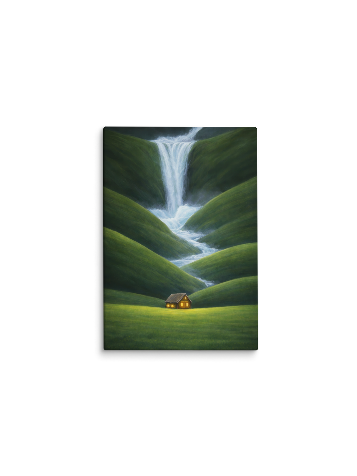 Cachoeira entre colinas verdes com uma casinha iluminada – pintura original Amor em Saudade, inspirada na música Que Nem Maré de Jorge Vercillo