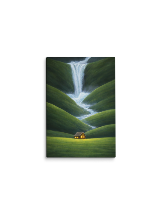 Cachoeira entre colinas verdes com uma casinha iluminada – pintura original Amor em Saudade, inspirada na música Que Nem Maré de Jorge Vercillo