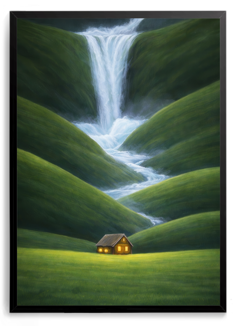 Cachoeira descendo por colinas verdes até uma casinha com janelas iluminadas em campo aberto – quadro decorativo Amor em Saudade, inspirado na música Que Nem Maré de Jorge Vercillo
