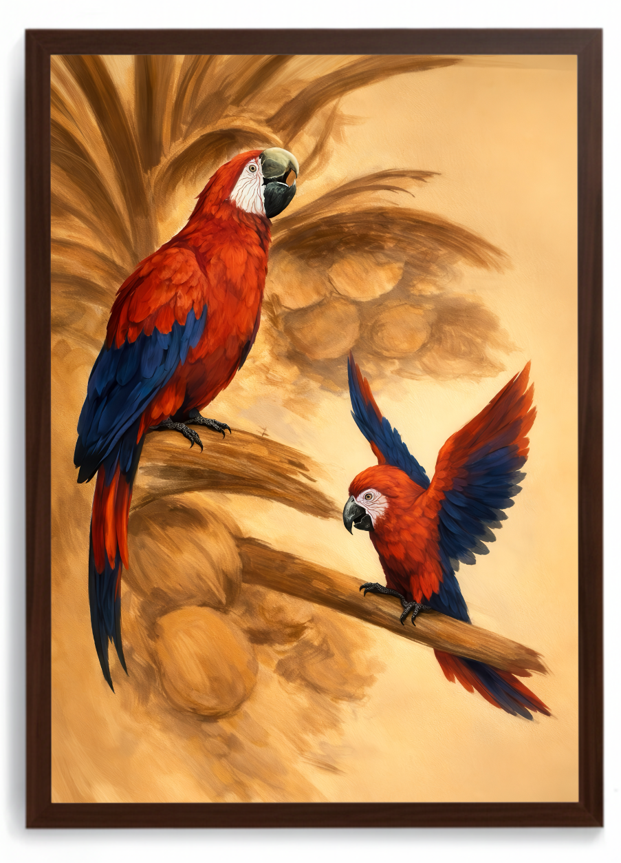 Duas araras vermelhas sobre um galho, fundo dourado com folhagem de palmeira – quadro decorativo Amor de Mãe, inspirado na música Todo Homem de Zeca Veloso