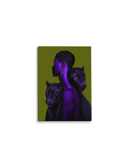 Homem de pele roxa entre duas panteras, fundo verde-oliva – pintura original Ancestral, inspirada na música Continuação de um Sonho de BK