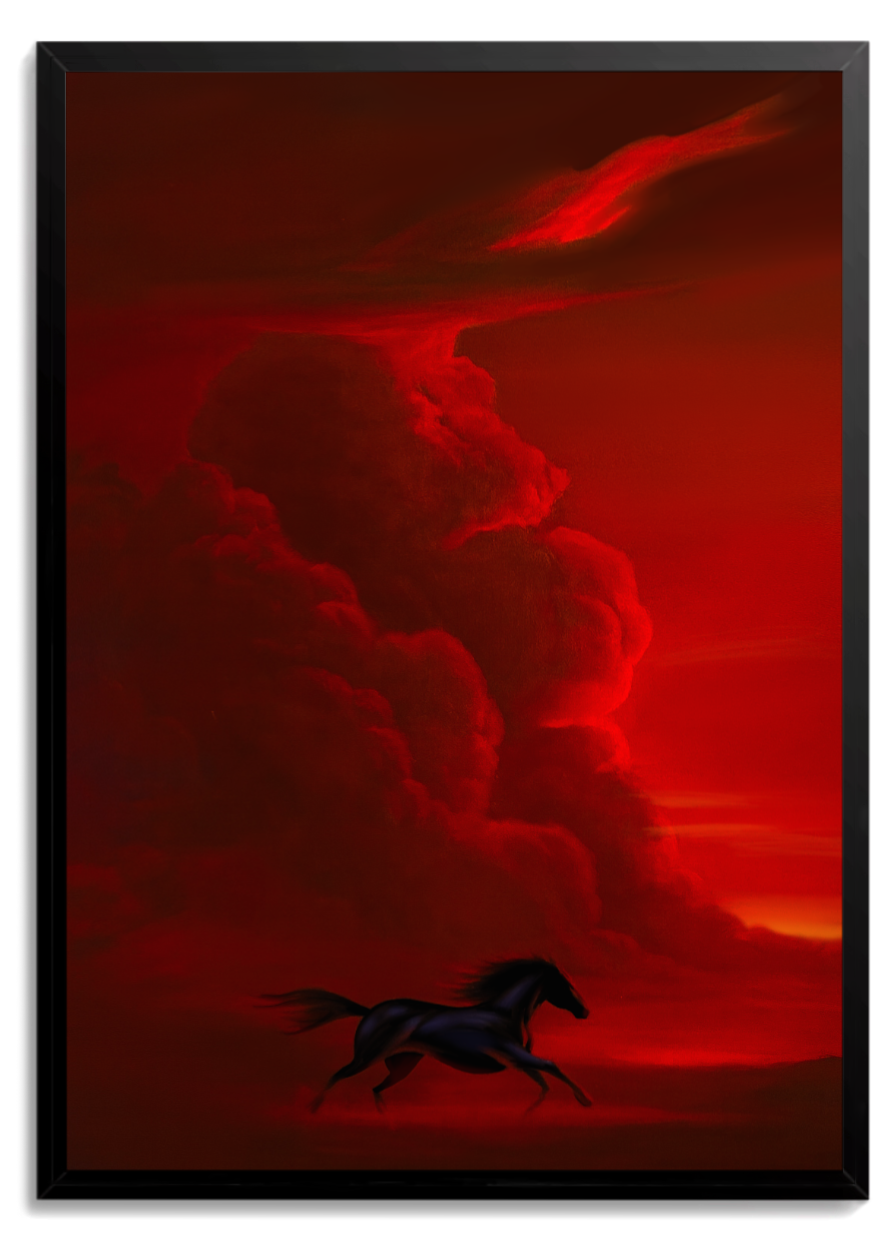 Cavalo negro correndo sob nuvens vermelhas densas em céu de tempestade – quadro decorativo Brasa, inspirado na música Invicto de Filipe Ret
