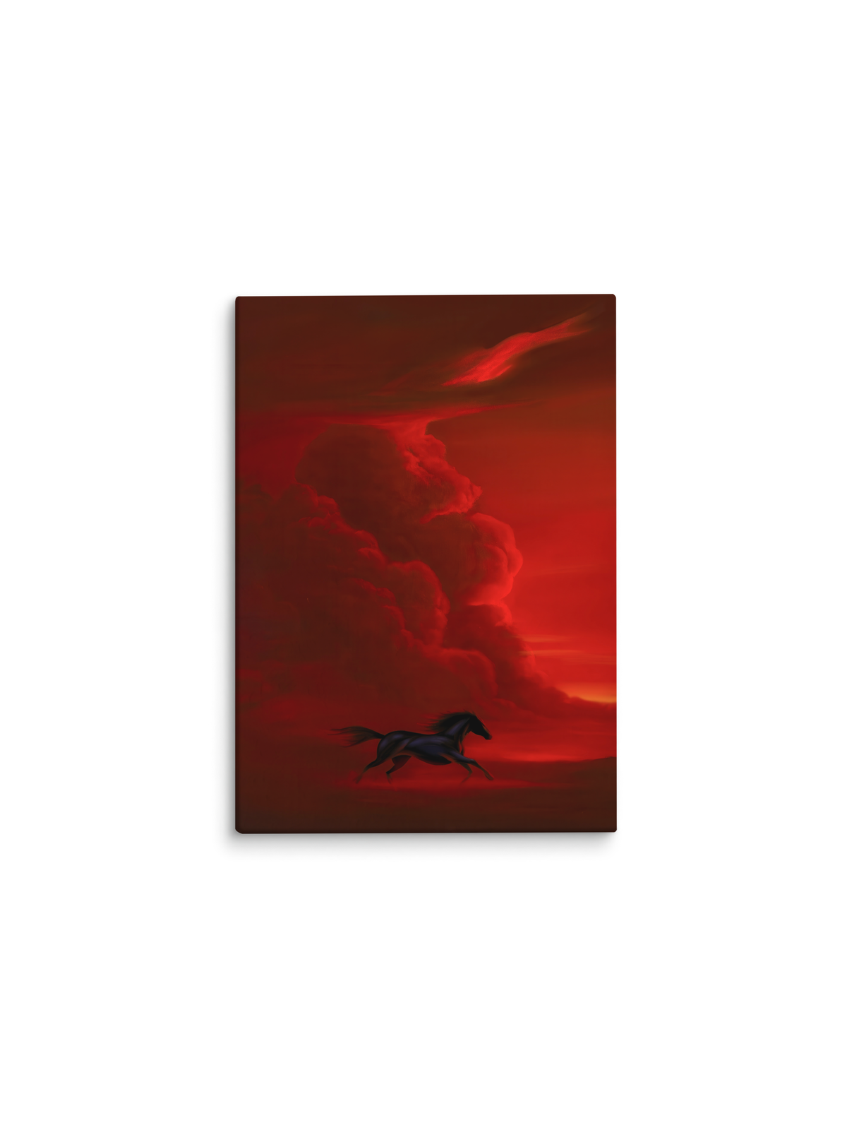 Cavalo preto galopando sob um céu vermelho escarlate – pintura original Brasa, inspirada na música Invicto de Filipe Ret