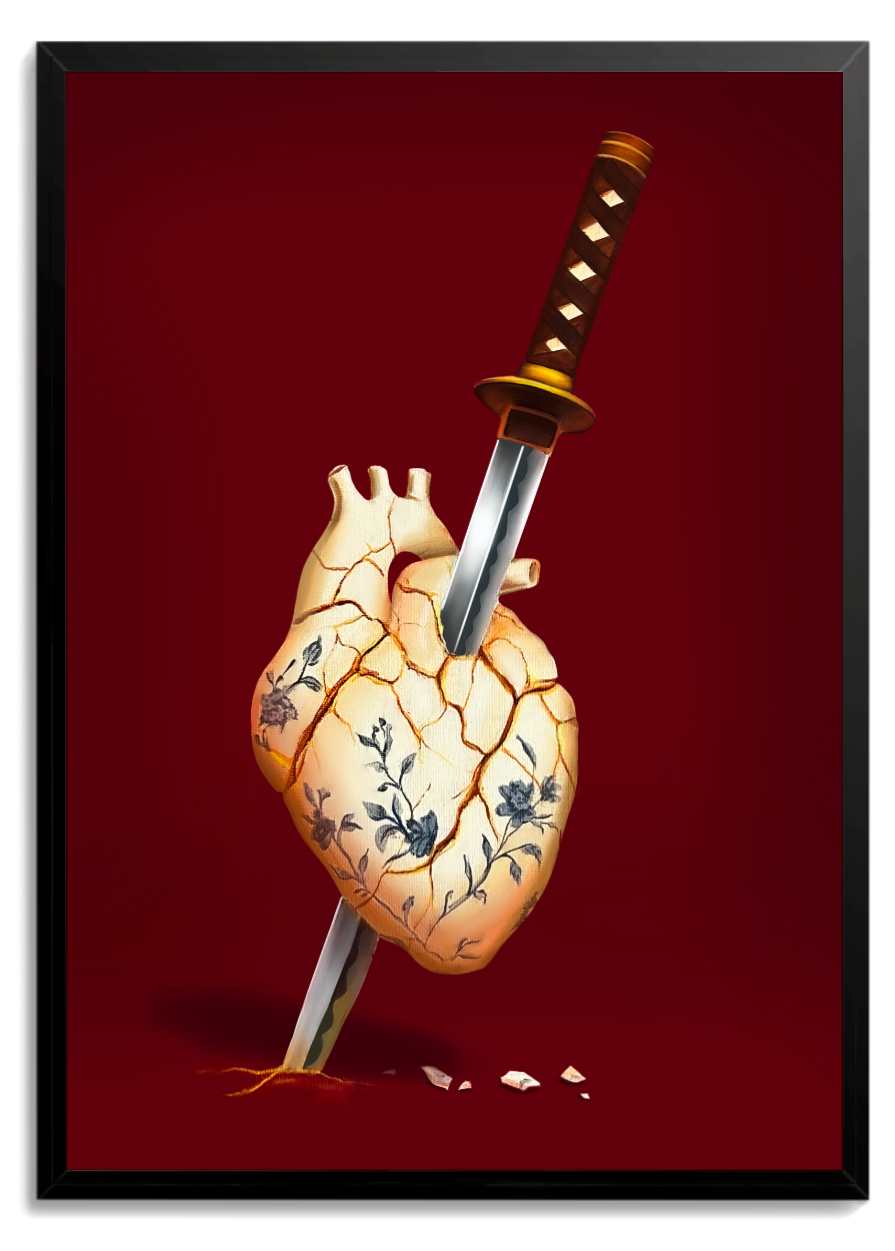 Coração anatômico com tatuagem floral atravessado por uma espada samurai, fundo bordô – quadro decorativo Casa da Paixão, inspirado na música Samurai de Djavan
