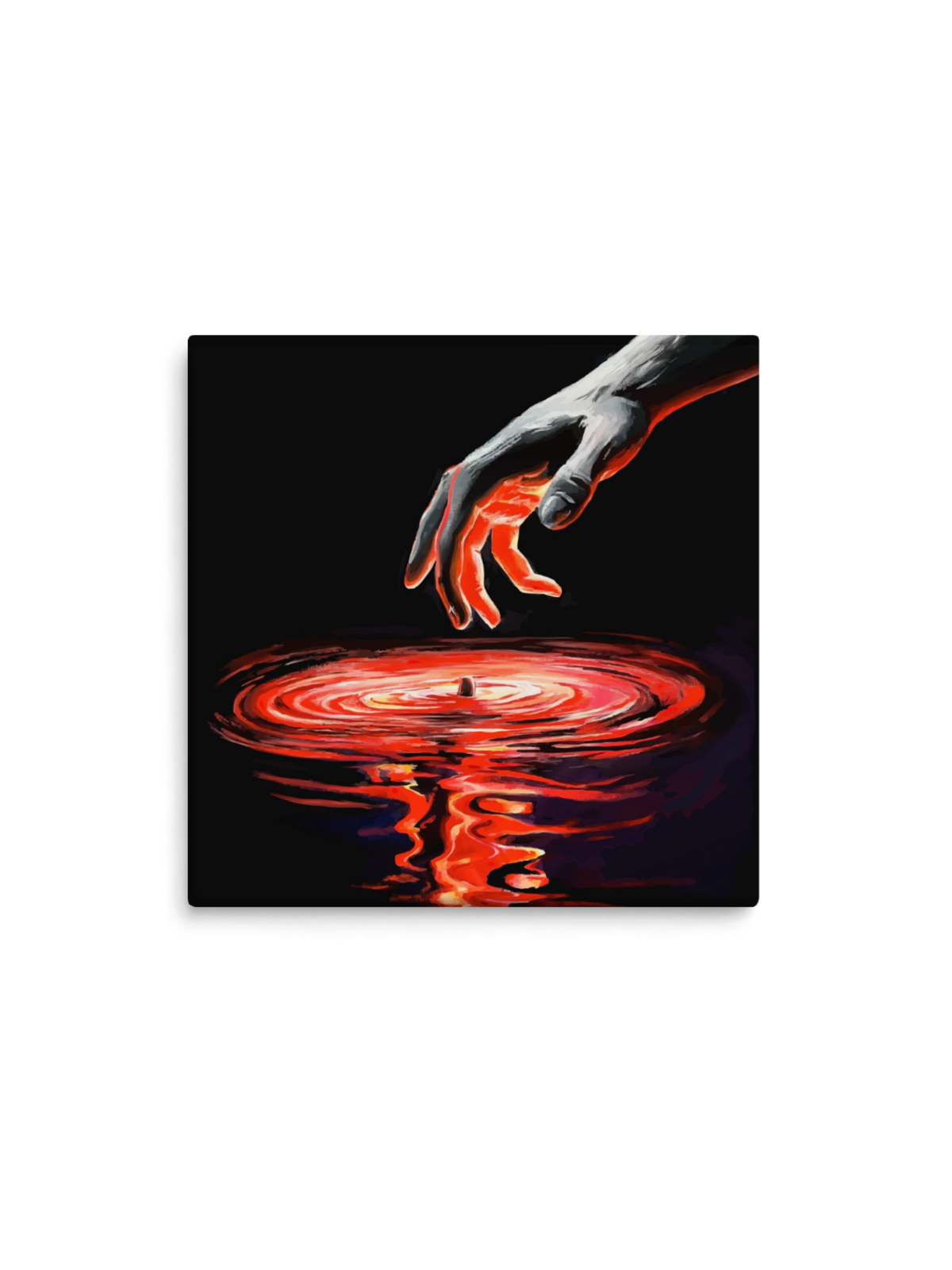 Mão descendo sobre um redemoinho vermelho na água, fundo preto – pintura original Conexão e Abandono, inspirada na música Só Quero Ver de BK e Evinha