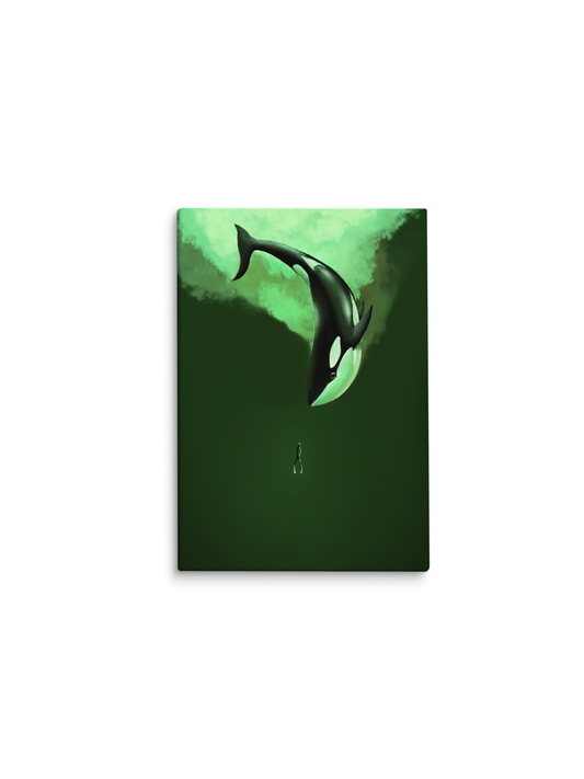 Orca mergulhando em águas verdes sobre uma figura minúscula – pintura original Dentro de Si, inspirada na música Só Eu Sei de BK e Djavan