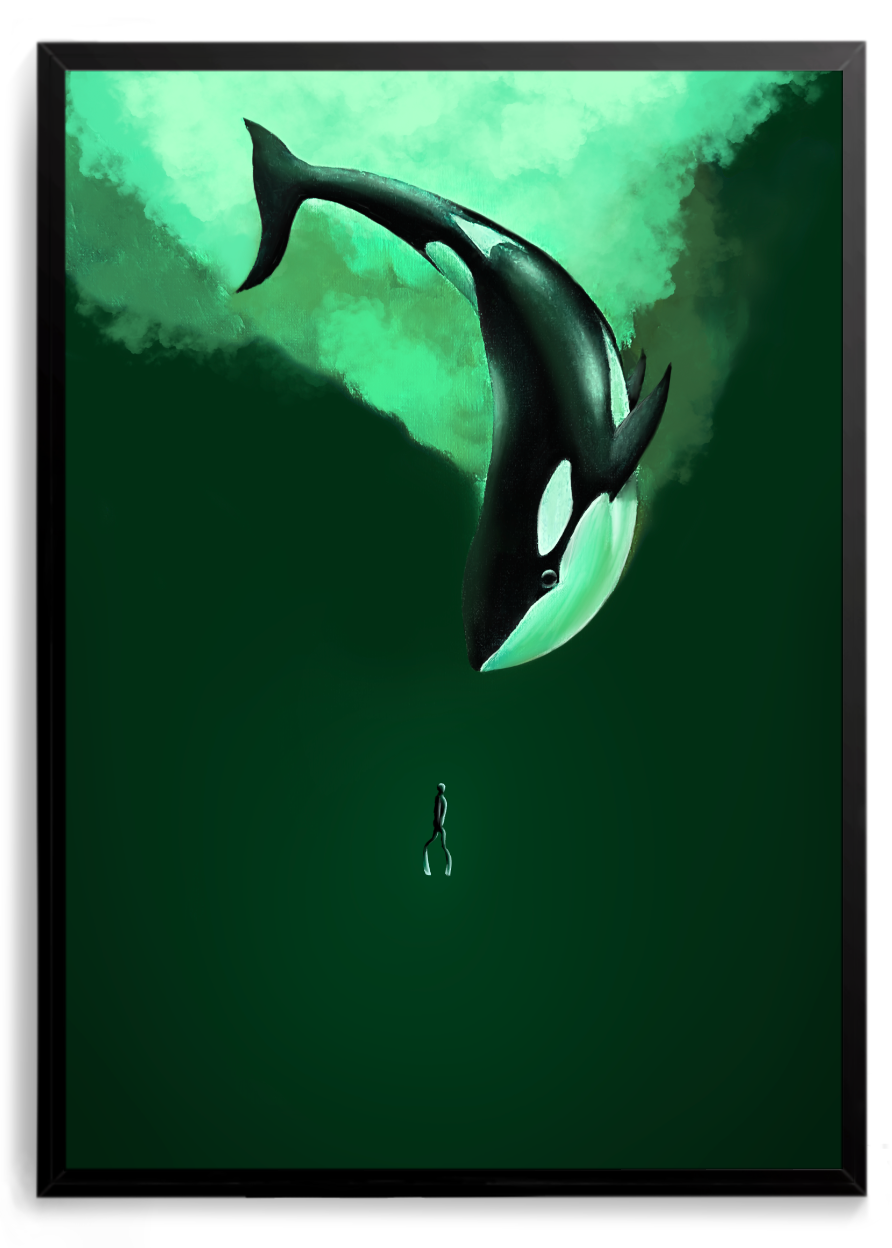 Orca mergulhando em fundo verde com uma pessoa pequena logo abaixo – quadro decorativo Dentro de Si, inspirado na música Só Eu Sei de BK