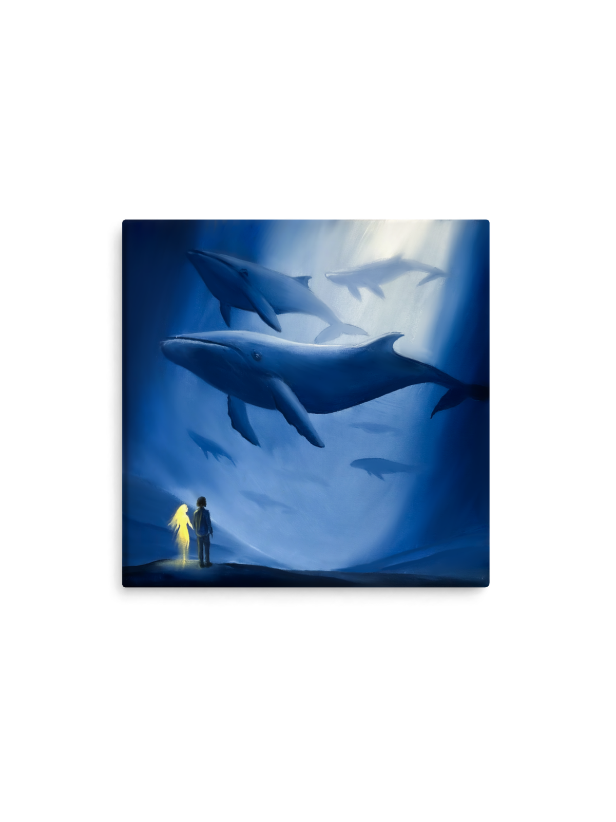 Duas figuras diante de baleias gigantes em um mar azul profundo – pintura original Diante dos Gigantes, inspirada na música Antes dos Gigantes Chegarem de BK