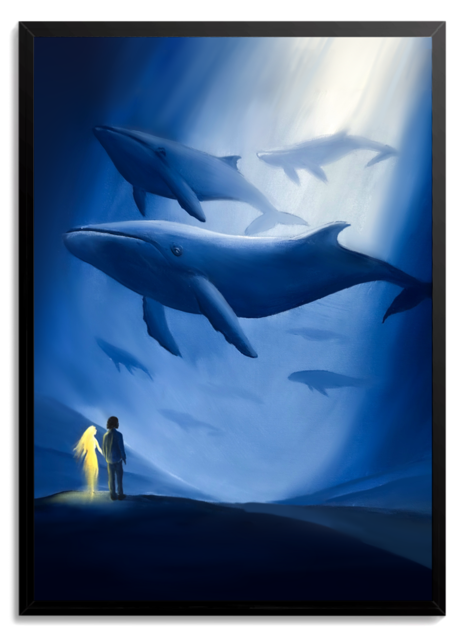 Duas baleias azuis surgindo da profundidade com duas pessoas pequenas observando de baixo – quadro decorativo Diante dos Gigantes, inspirado na música Antes dos Gigantes Chegarem de BK