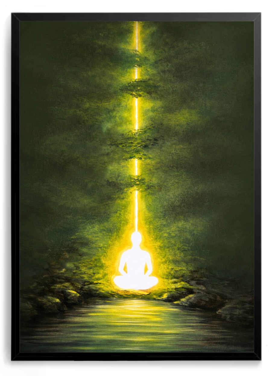 Figura em posição de lótus emitindo luz dourada, fundo verde escuro – quadro decorativo Divino Terreno, inspirado na música Tudo Vai Dar Certo de Natiruts
