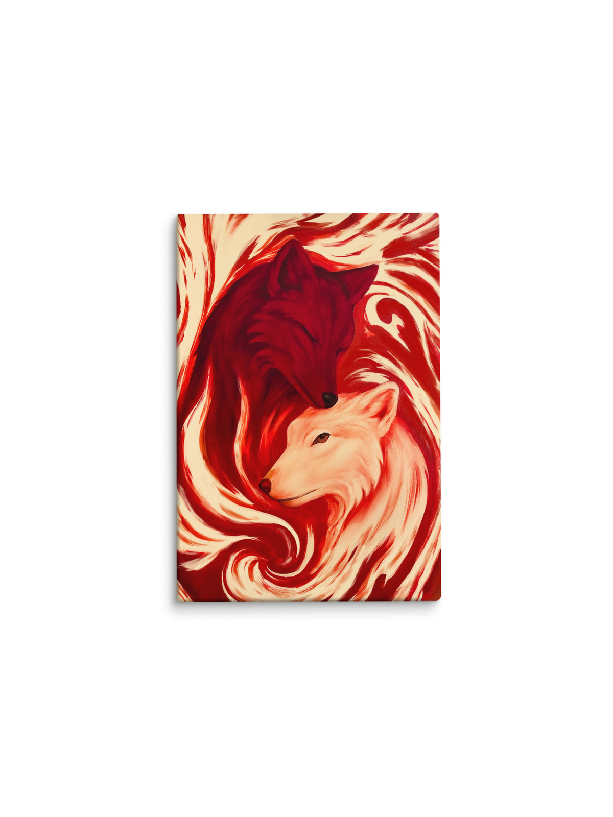 Lobo vermelho e lobo branco entrelaçados em espiral – pintura original Dual, inspirada na música Leal de Djonga
