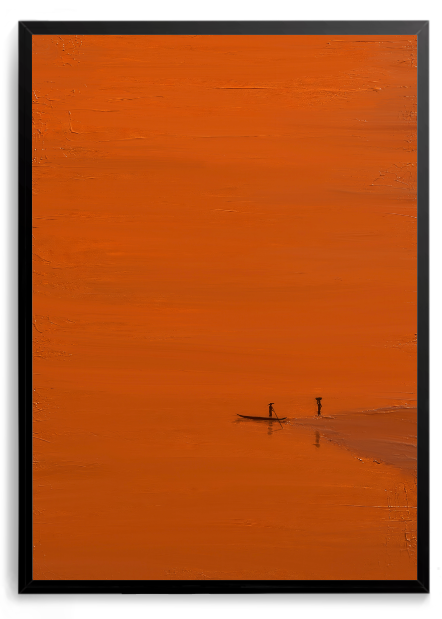 Duas pessoas pequenas em uma canoa à beira d'água, fundo laranja sólido – quadro decorativo Entregue ao Vazio, inspirado na música Mala e Cuia de Flávio José