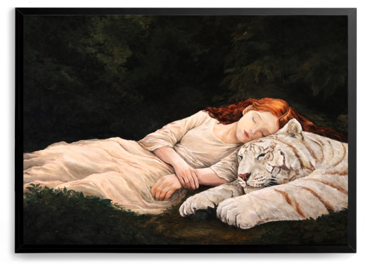 Mulher dormindo abraçada a um tigre branco, fundo escuro – quadro decorativo Falso Conforto