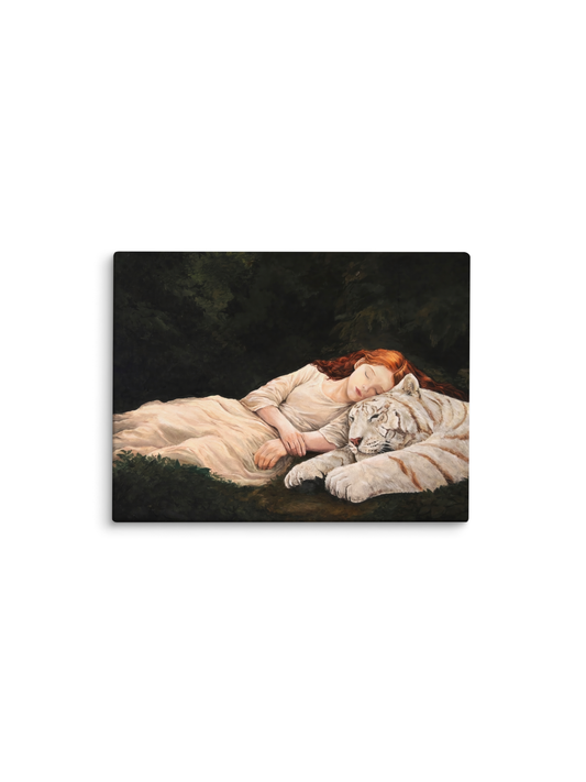 Mulher dormindo abraçada a um tigre branco, fundo escuro – pintura original Falso Conforto