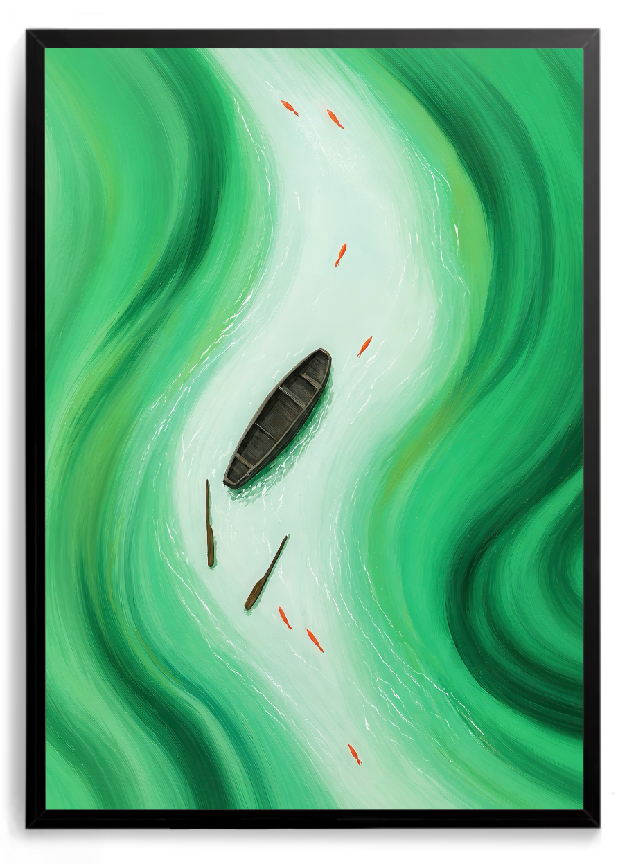 Barco a remo visto de cima em um rio verde serpenteante com peixes alaranjados – quadro decorativo Fluxo Livre, inspirado na música Vive de Djavan