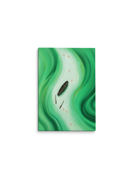 Pequeno barco descendo um rio de águas verdes e brancas – pintura original Fluxo Livre, inspirada na música Vive de Djavan