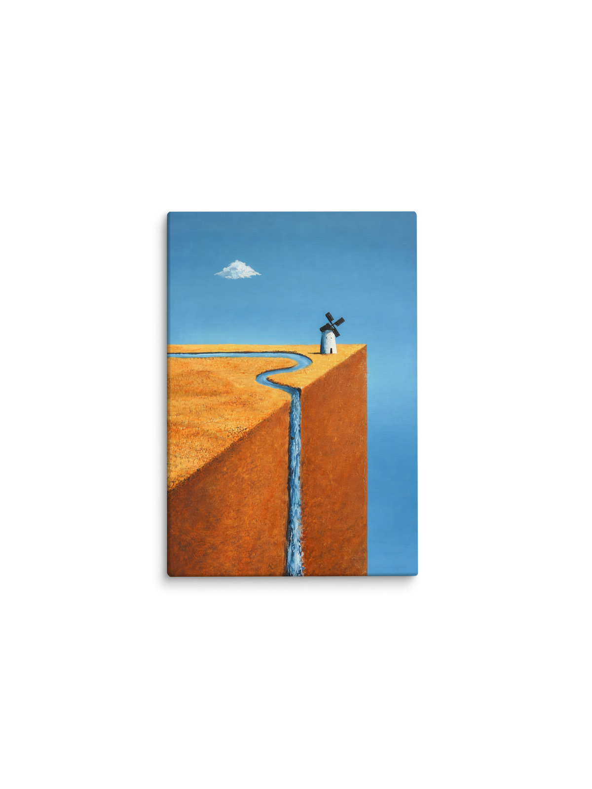 Rio que despenca de um penhasco, com moinho de vento ao fundo – pintura original Fluxo e Abismo, inspirada na música O Mundo é um Moinho de Cartola