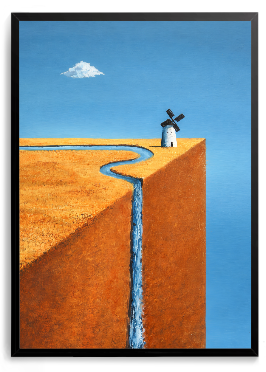 Penhasco terracota com um rio serpenteando e caindo, moinho de vento e céu azul – quadro decorativo Fluxo e Abismo, inspirado na música O Mundo é um Moinho de Cartola