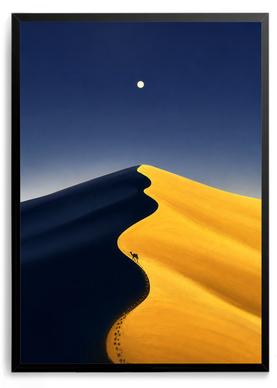 Duna do deserto dividida entre lado escuro e lado dourado, lua no céu e camelo pequeno com pegadas – quadro decorativo Força Dual, inspirado na música Caminhos de BK