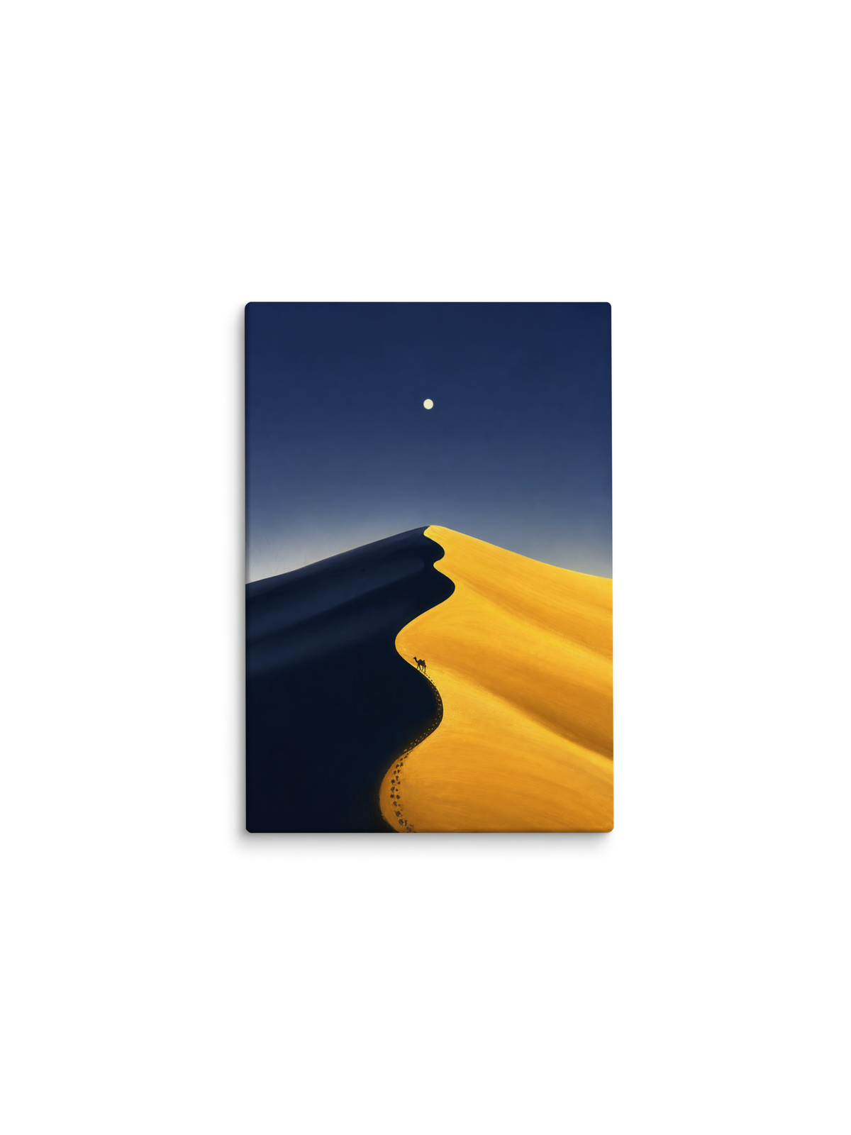 Duna amarela e azul-escura sob a lua, com uma pequena figura no topo – pintura original Força Dual, inspirada na música Caminhos de BK