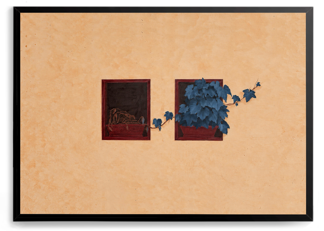 Planta que deixa um vaso sem nutrientes e floresce em uma nova jardineira – quadro decorativo Fui e Serei