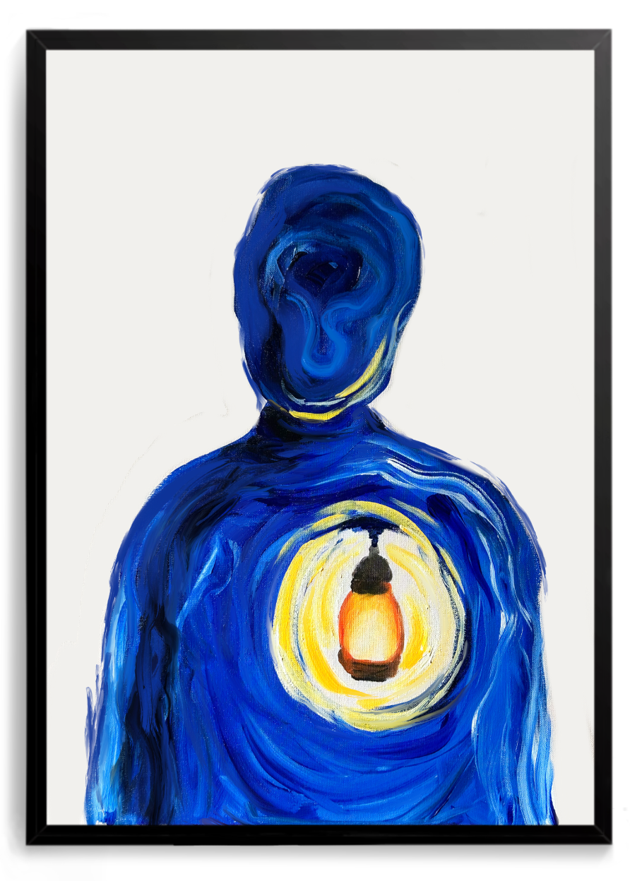 Figura azul segurando uma lanterna acesa, fundo branco – quadro decorativo Luz Guia, inspirado na música Arde Outra Vez de Thalles Roberto