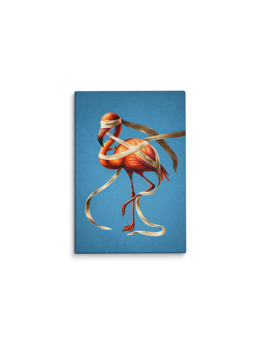 Flamingo enrolado em fitas, fundo azul – pintura original Ilusão, inspirada na música Flamingos de Baco Exu do Blues