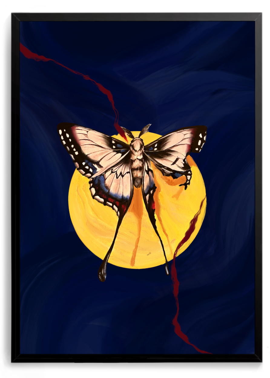 Mariposa pousada sobre uma lua amarela, fundo azul-marinho com uma fissura vermelha – quadro decorativo Lumiar, inspirado na música Queima Minha Pele de Baco Exu do Blues
