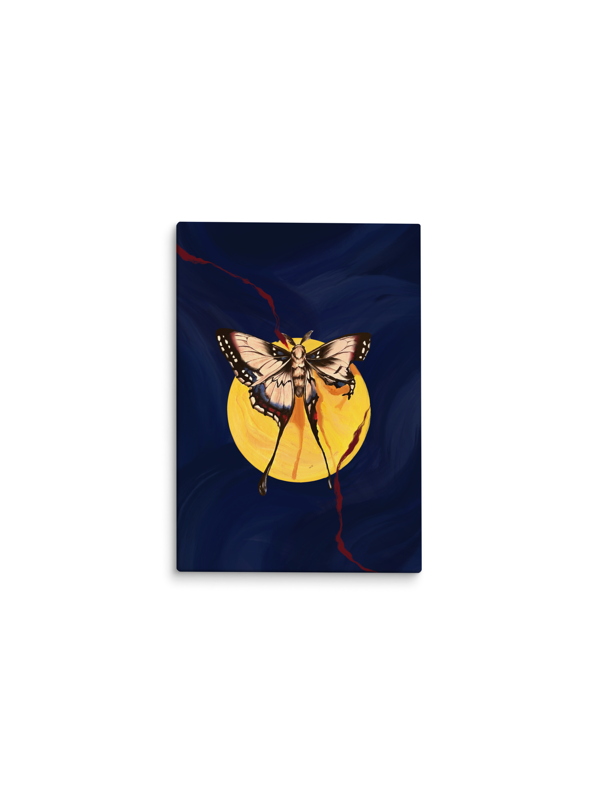 Mariposa diante de um grande sol amarelo, fundo azul-marinho – pintura original Lumiar, inspirada na música Queima Minha Pele de Baco Exu do Blues e Tim Bernardes