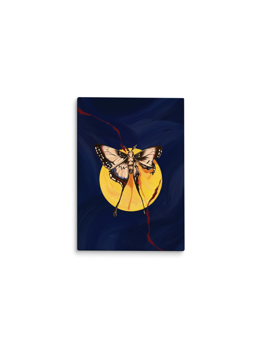 Mariposa diante de um grande sol amarelo, fundo azul-marinho – pintura original Lumiar, inspirada na música Queima Minha Pele de Baco Exu do Blues e Tim Bernardes