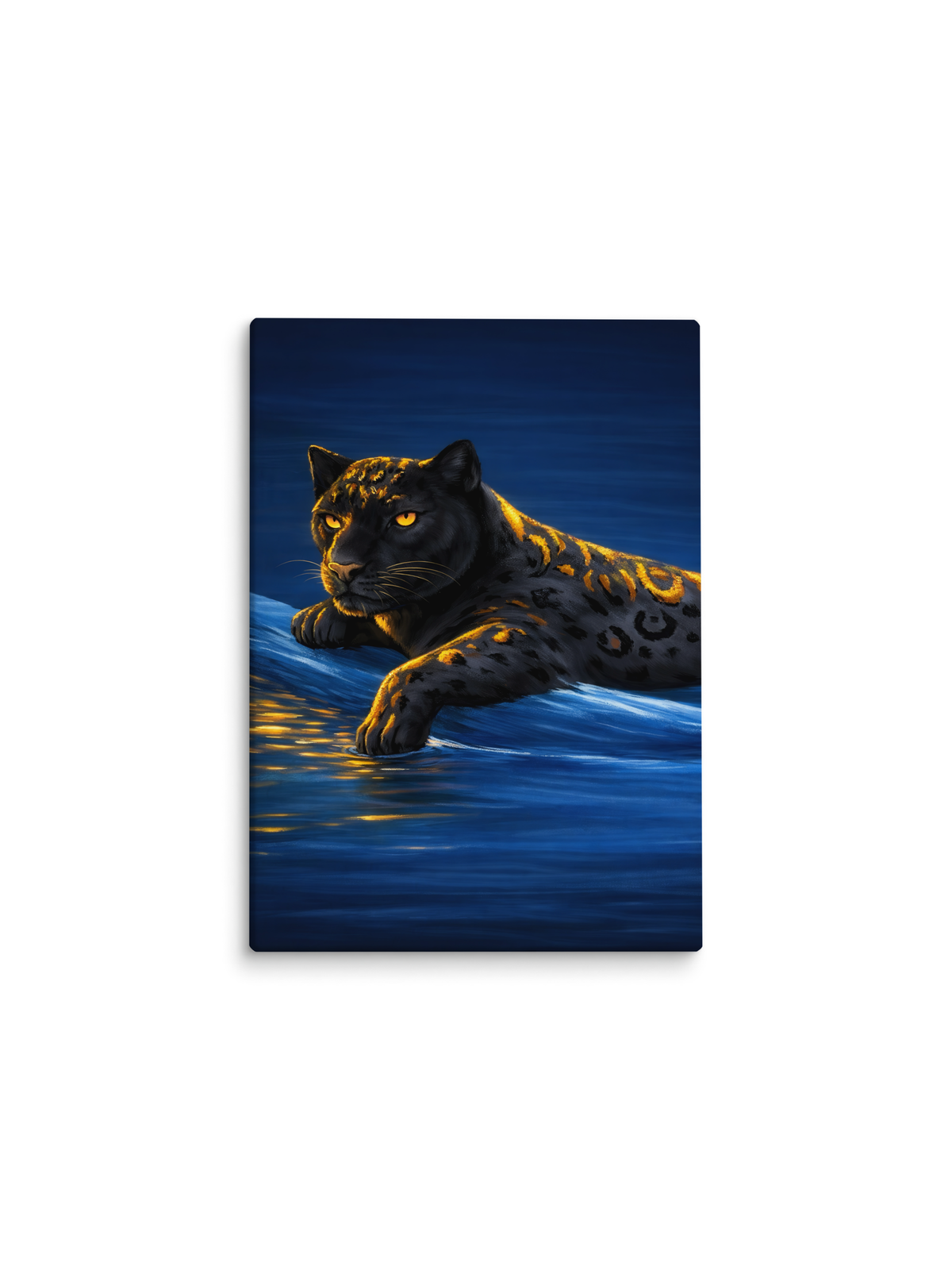 Pantera de manchas luminosas sobre um mar azul – pintura original Luz e Força, inspirada na música Amanhecer de BK