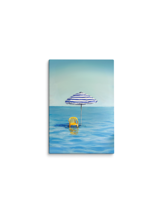 Guarda-sol listrado e cadeira amarela dentro do mar azul – pintura original Maré, inspirada na música Tempo Perdido de Legião Urbana