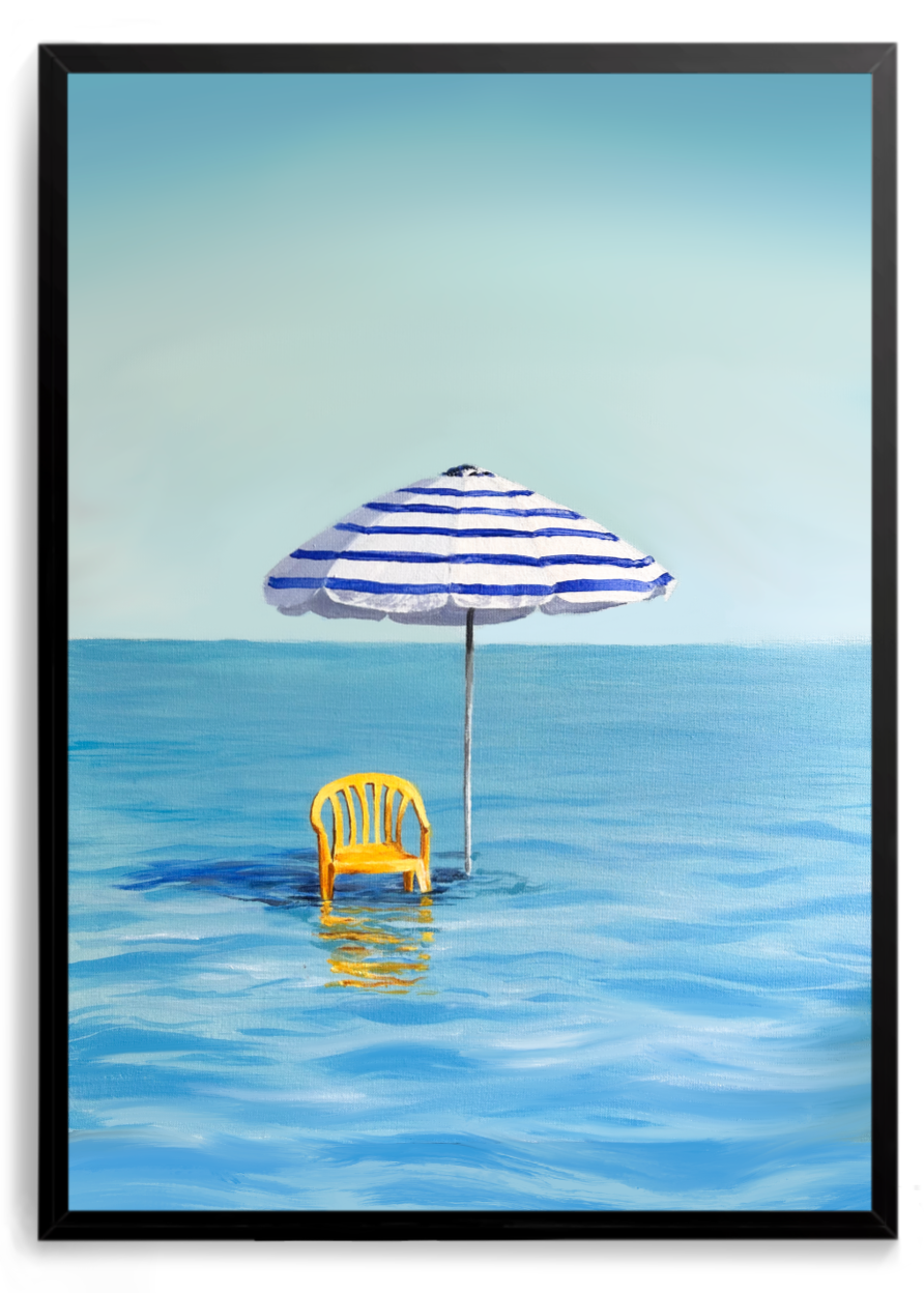 Guarda-sol listrado azul e branco com cadeira amarela em meio ao mar – quadro decorativo Maré, inspirado na música Tempo Perdido de Legião Urbana