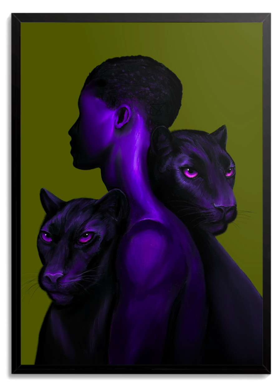 Mulher de perfil com duas panteras negras, luz roxa sobre fundo verde-oliva – quadro decorativo Ancestral, inspirado na música Continuação de um Sonho de BK
