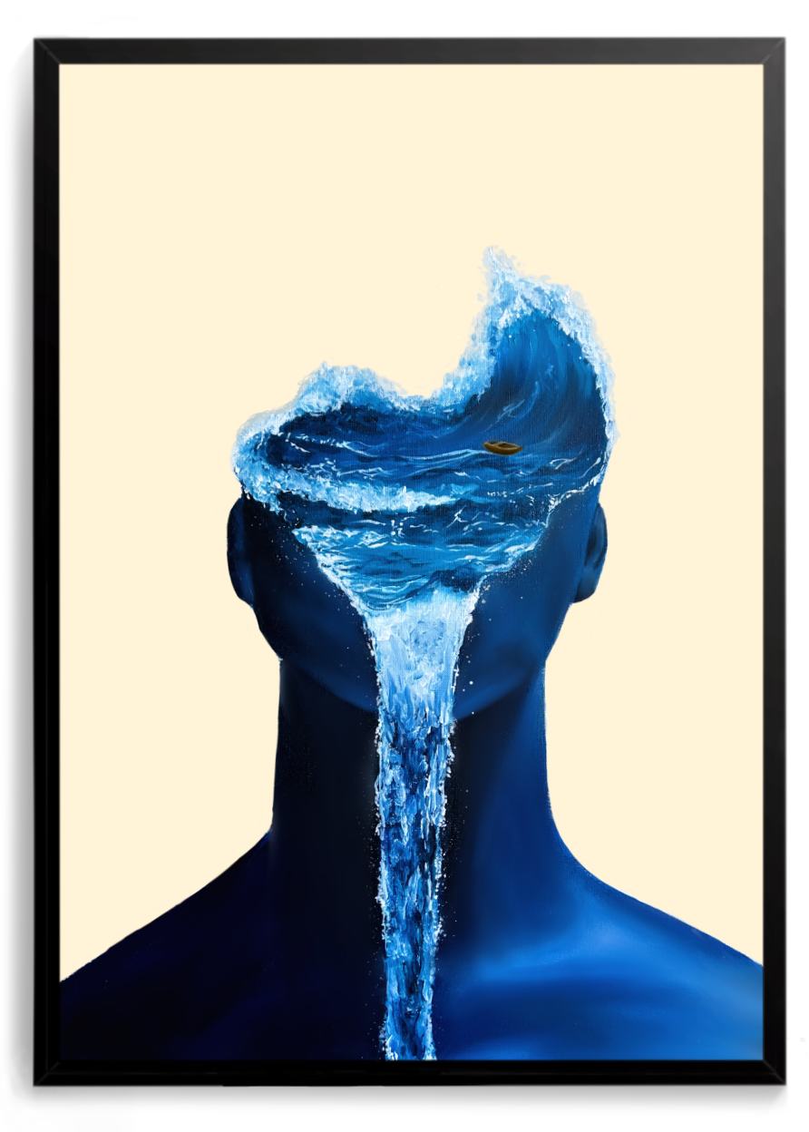 Silhueta azul com onda no lugar da cabeça, sobre fundo bege – quadro decorativo Oceanar, inspirado na música Oceano de Djavan