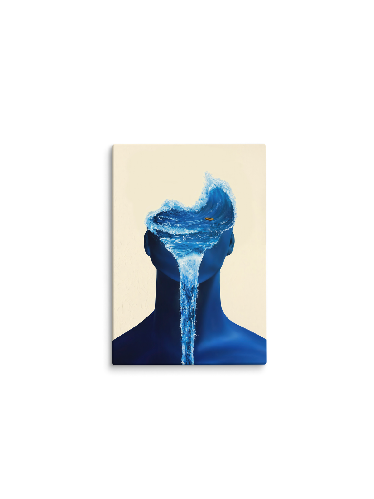 Silhueta azul de cabeça aberta com mar e cachoeira, fundo bege – pintura original Oceanar, inspirada na poesia de Djavan