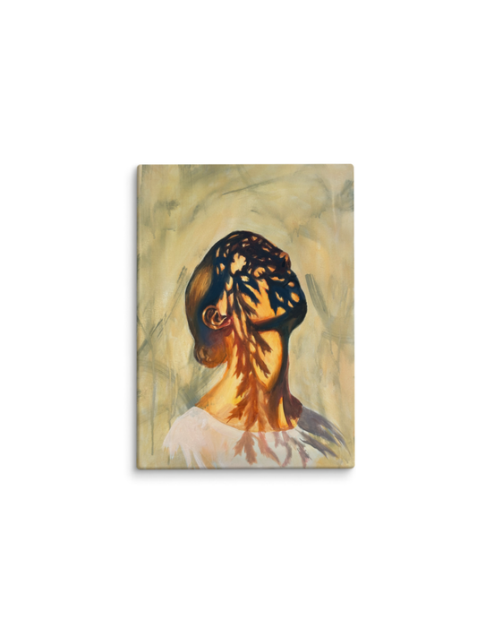 Rosto de perfil coberto por sombras de folhas, fundo bege – pintura original Prioridade