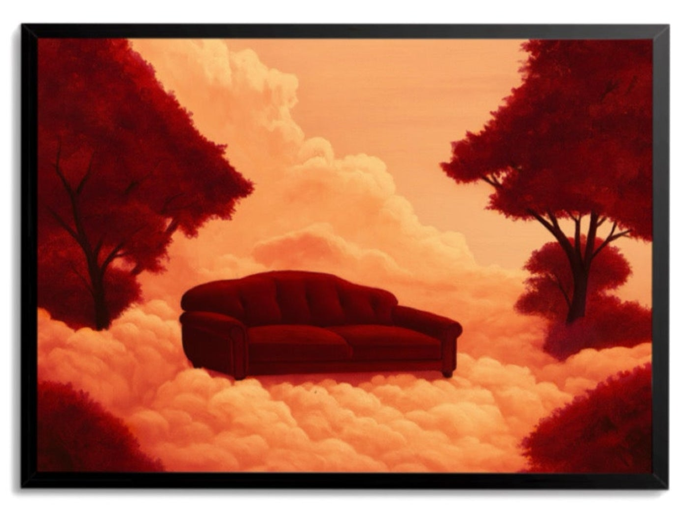 Sofá vermelho flutuando entre nuvens alaranjadas com árvores vermelhas ao redor – quadro decorativo Raízes, inspirado no álbum Eu Venci o Mundo de Veigh