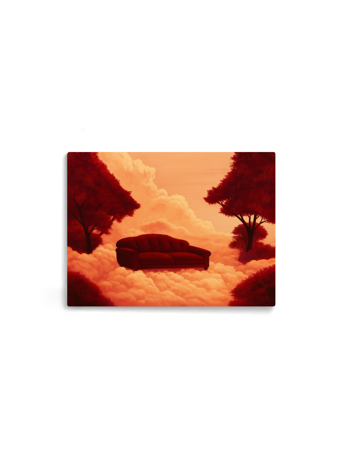 Sofá vermelho sobre nuvens alaranjadas entre duas árvores bordô – pintura original Raízes, inspirada no álbum Eu Venci o Mundo de Veigh