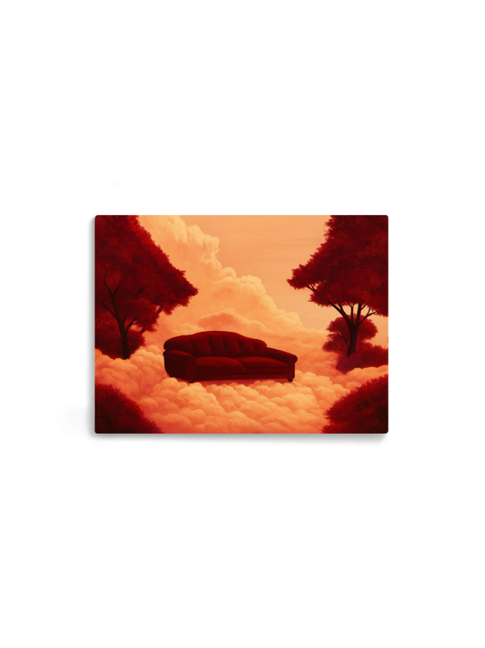 Sofá vermelho sobre nuvens alaranjadas entre duas árvores bordô – pintura original Raízes, inspirada no álbum Eu Venci o Mundo de Veigh