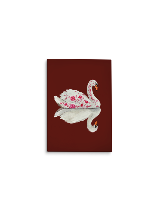 Cisne de porcelana com flores refletido na água, fundo bordô – pintura original Reflexo Puro, inspirada na música Um Amor Puro de Djavan