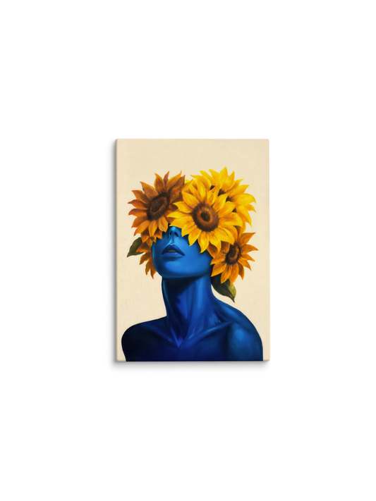 Mulher de pele azul com girassóis cobrindo o rosto – pintura original Sol, inspirada na música Girassóis de Van Gogh de Baco Exu do Blues
