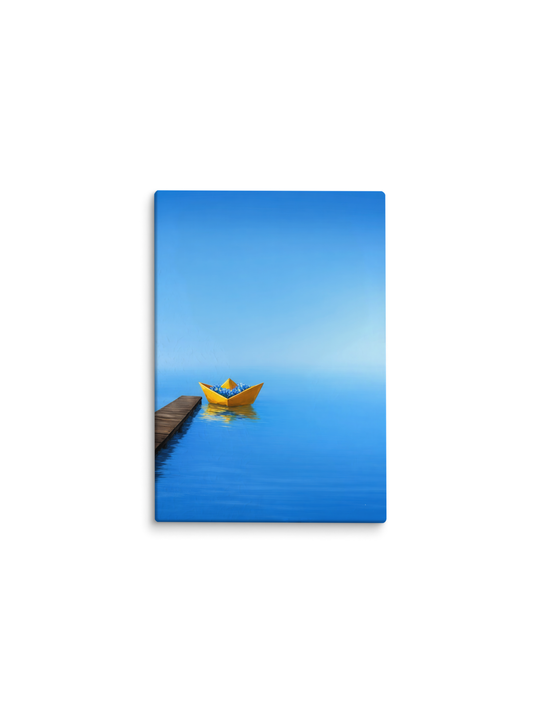 Barco de papel amarelo em mar azul, ao lado de um píer – pintura original Sonho Meu, inspirada na música Velha Infância dos Tribalistas