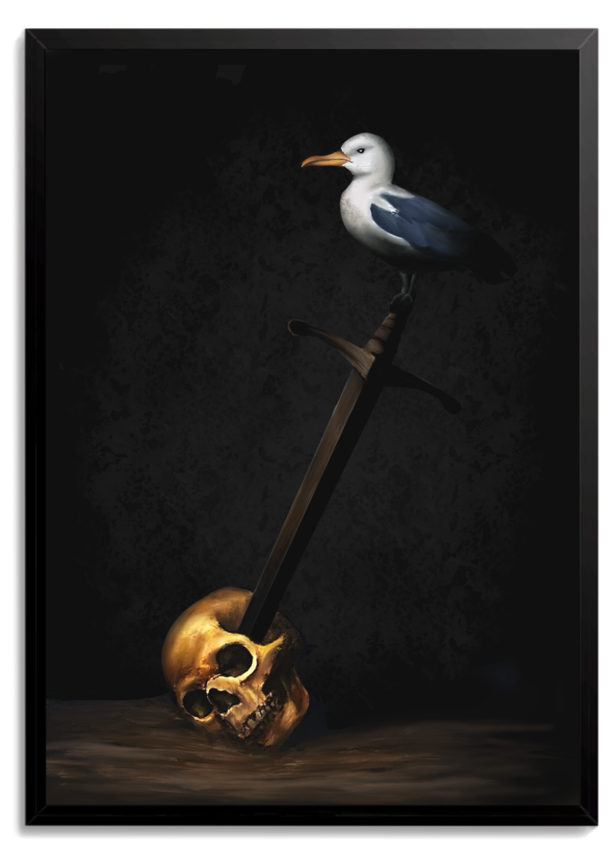 Gaivota pousada sobre uma espada cravada em uma caveira dourada, fundo escuro – quadro decorativo Subversivo, inspirado na música Libertários não Morrem de Felipe Ret