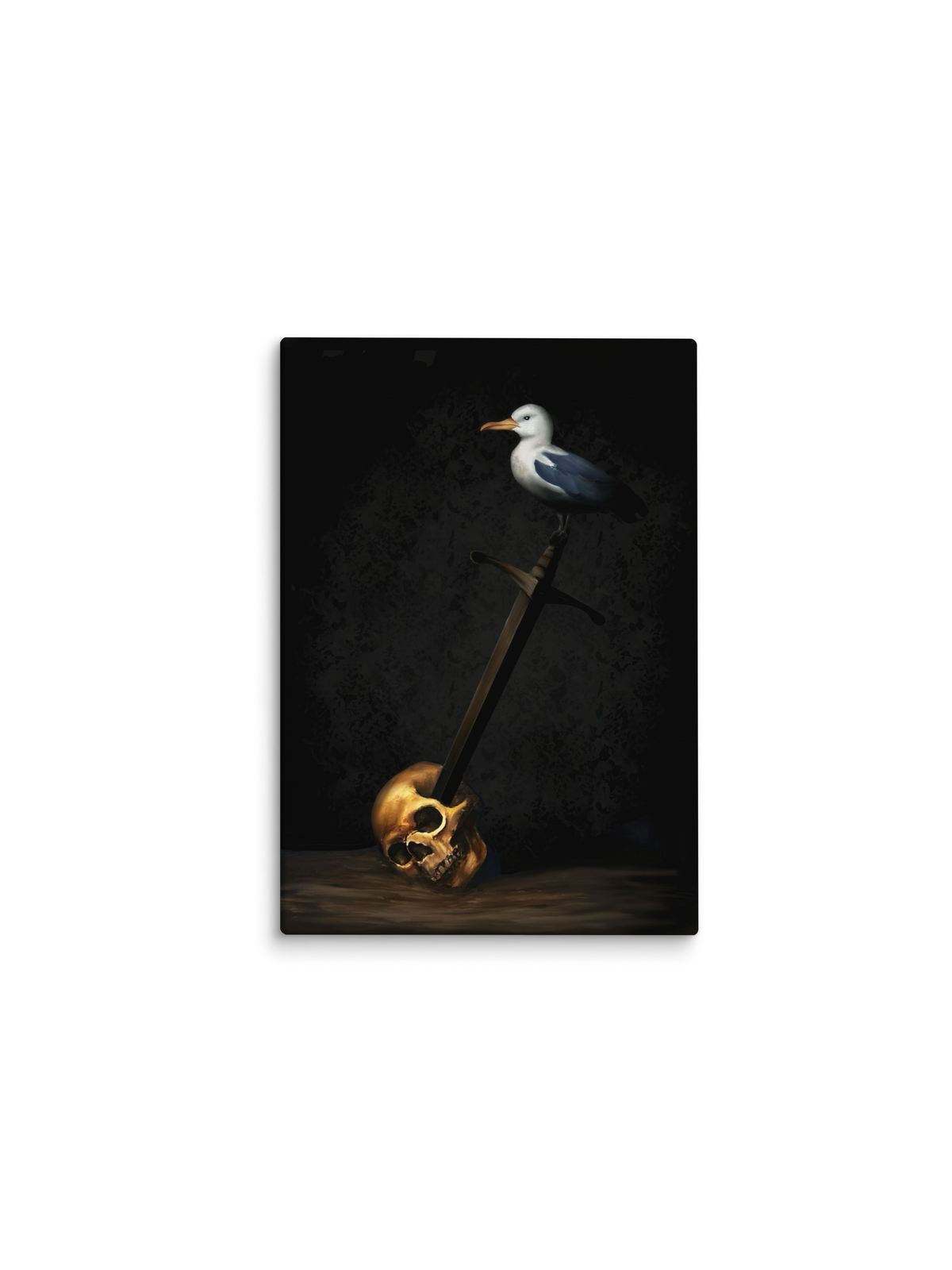 Gaivota sobre uma espada fincada em um crânio, fundo escuro – pintura original Subversivo, inspirada na música Libertários não Morrem de Filipe Ret