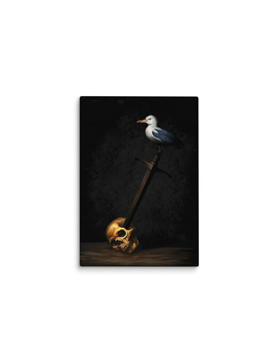 Gaivota sobre uma espada fincada em um crânio, fundo escuro – pintura original Subversivo, inspirada na música Libertários não Morrem de Filipe Ret